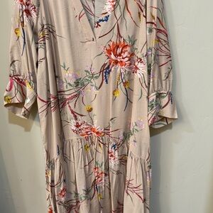 Floral V-Neck Tiered Midi Dress in Beige with Pink & Orange Blooms